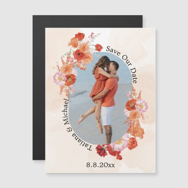 save the date floral orange arch photo magnet (Front/Back)