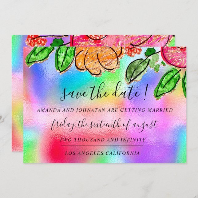 Save The Date Floral Rose Glitter Holograph Blue (Front/Back)