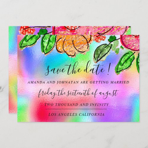 Save The Date Floral Rose Glitter Holograph Blue