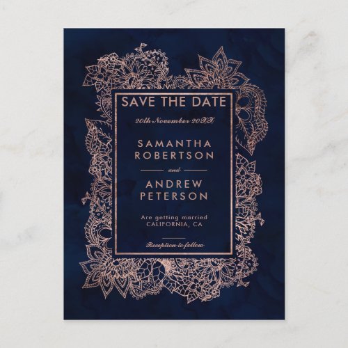 Save the Date floral rose gold navy watercolor Announcement Postcard