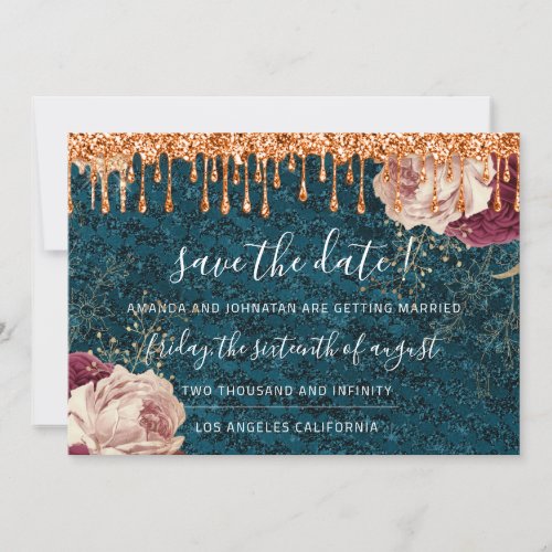 Save The Date Florals Rose Copper Drip Teal Wreath