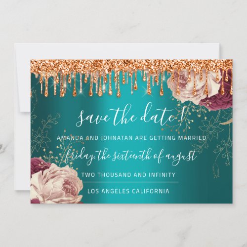 Save The Date Florals Rose Copper Drips Teal 
