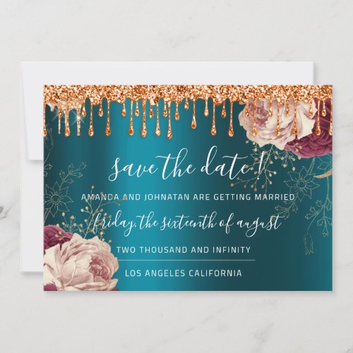 Save The Date Florals Rose Copper Drips Teal Blue
