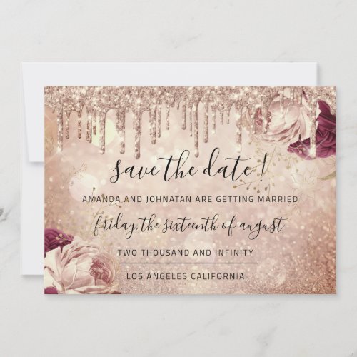 Save The Date  Florals Rose Glitter Drips Marsala