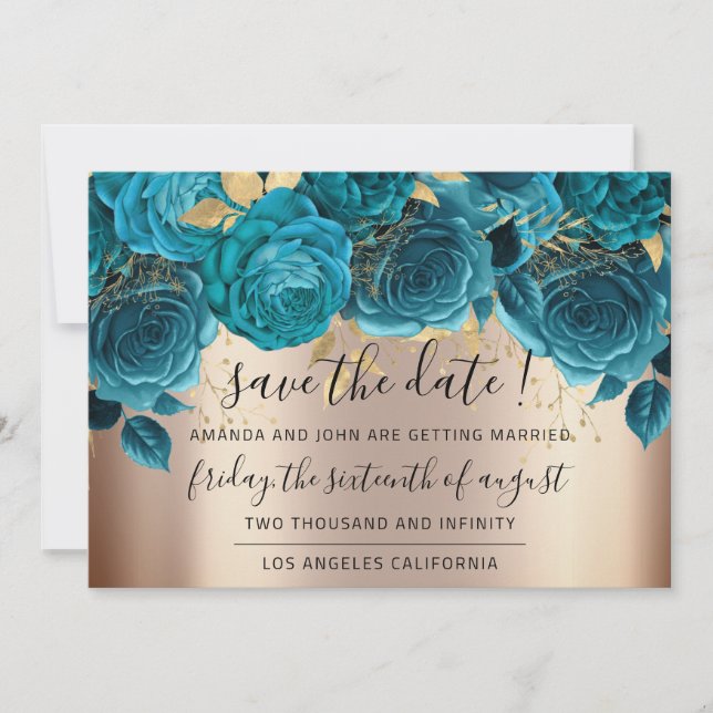 Save The Date  Florals Rose Gold Blue Teal (Front)