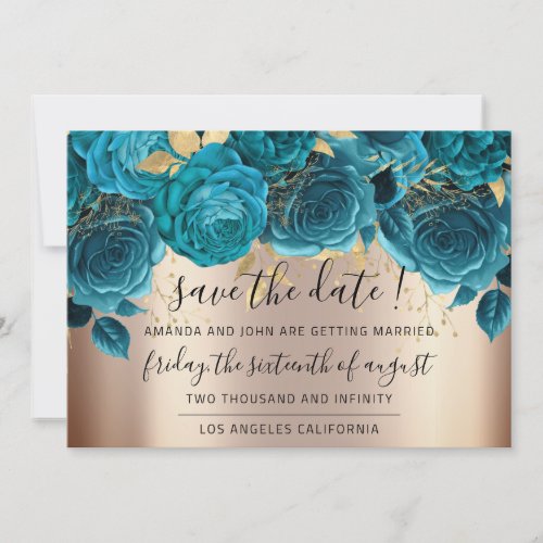 Save The Date  Florals Rose Gold Blue Teal