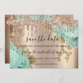 Save The Date  Florals Rose Gold Drips Blue (Front/Back)
