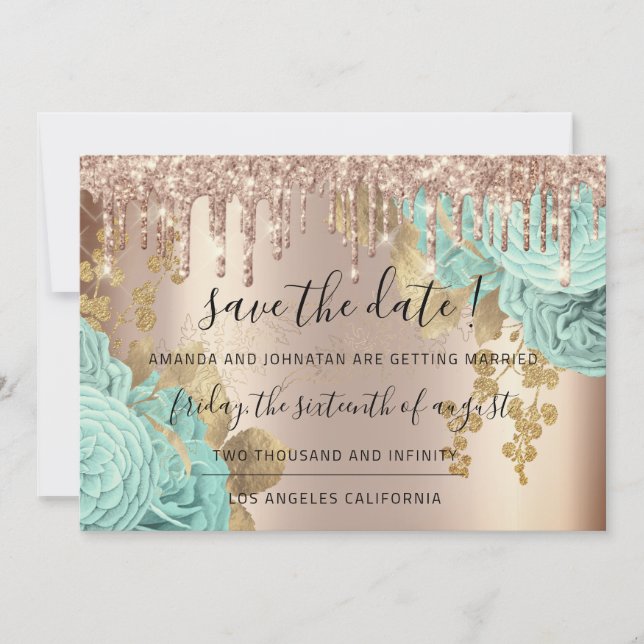 Save The Date  Florals Rose Gold Drips Blue (Front)
