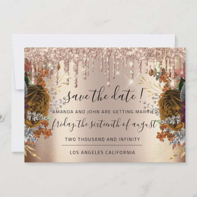 Save The Date  Florals Rose Gold Drips Brown (Front)