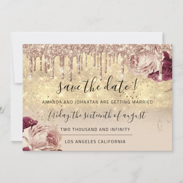 Save The Date  Florals Rose Gold Drips Ivory (Front)