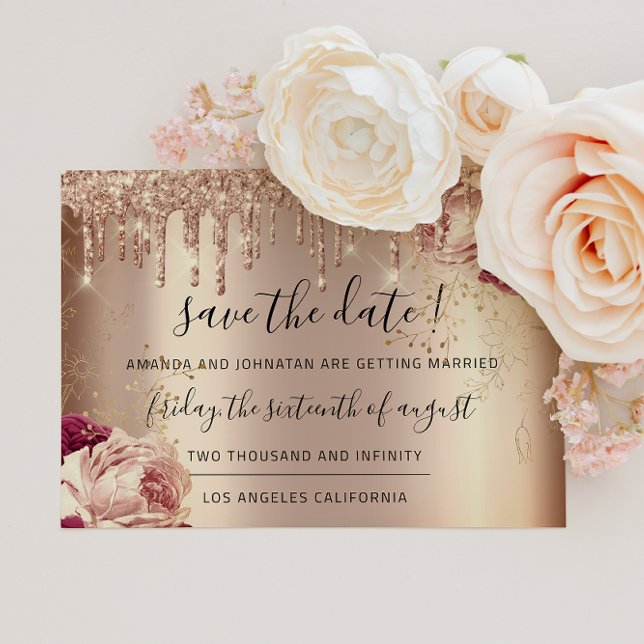 Save The Date  Florals Rose Gold Drips Marsala (Save The Date Florals Rose Gold Drips Marsala)