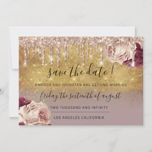 Save The Date  Florals Rose Gold Drips Marsala Lux