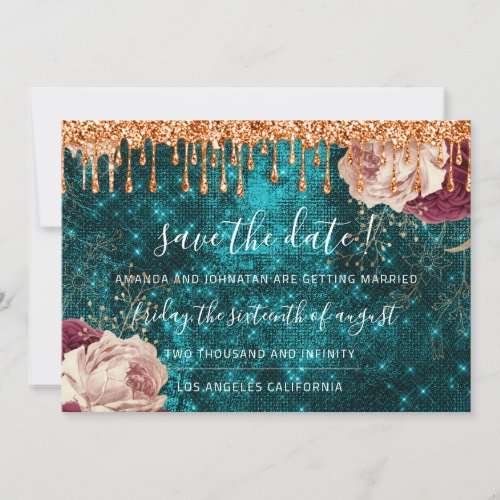 Save The Date Florals Rose Wreath Copper Drip Teal