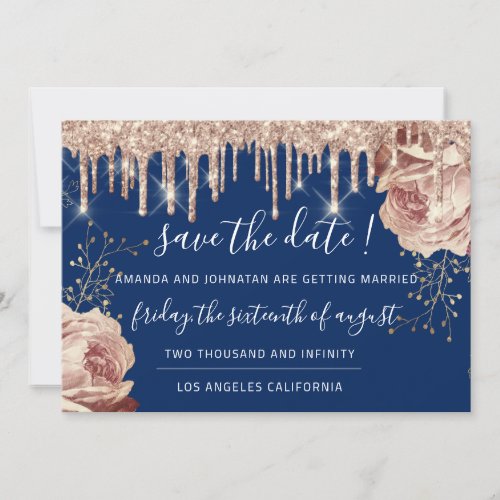 Save The Date Florals Roses Drips Blue Navy