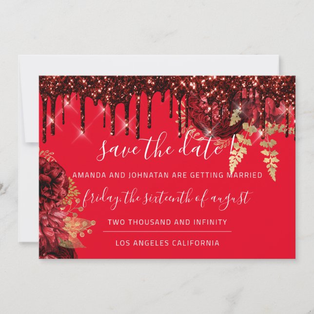 Save The Date  Florals Roses Drips Burgundy Red (Front)