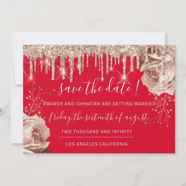 Save The Date  Florals Roses Drips Red Ivory (Front)