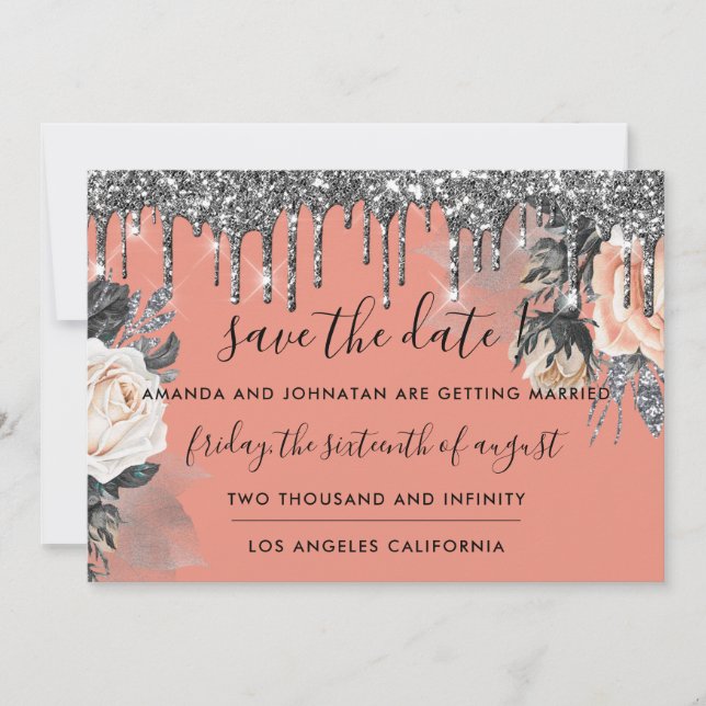 Save The Date  Florals Roses Drips Rose Silver  (Front)