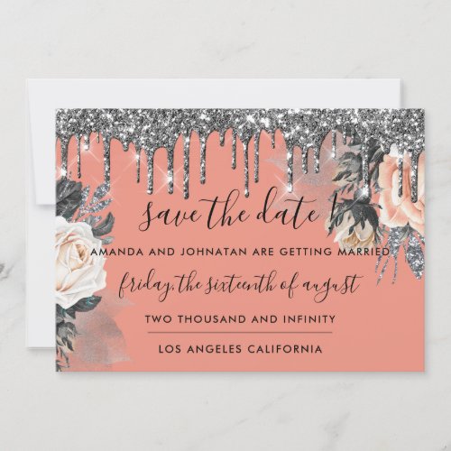 Save The Date  Florals Roses Drips Rose Silver 