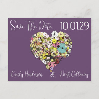 Save the Date Flowers and Leaves Heart Shape Announcement Postcard