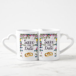 Save the Date Flowers and Wedding rings Coffee Mug Set