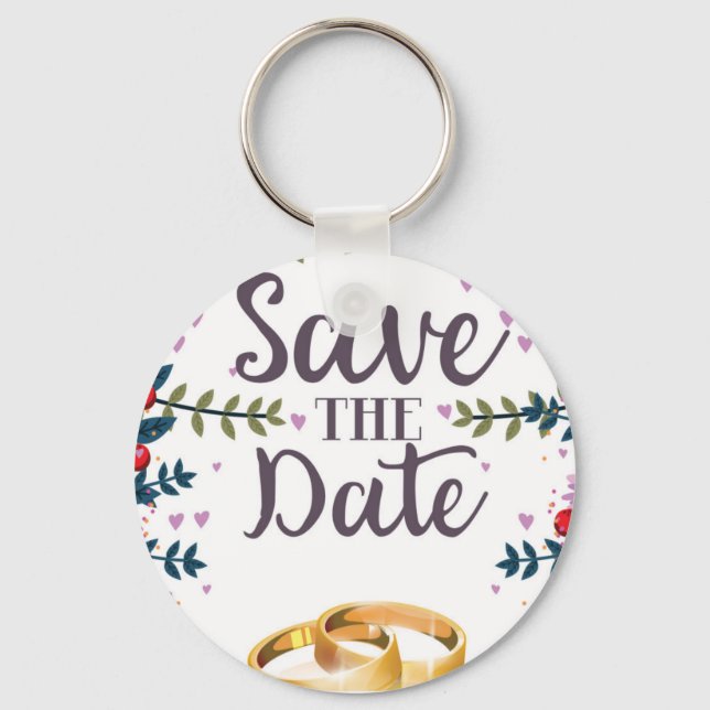 Save the Date Flowers and Wedding rings Keychain (Front)