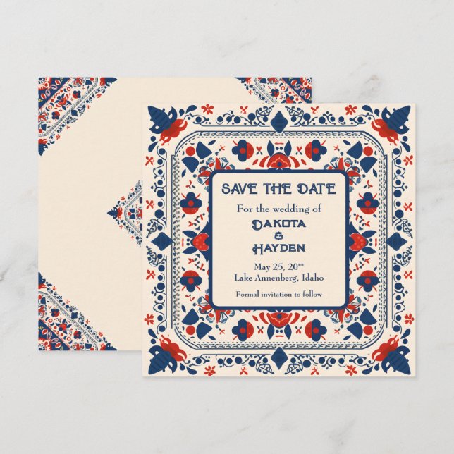 Save the Date, folk art floral, red white and blue Invitation (Front/Back)