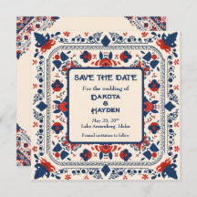 Save the Date, folk art floral, red white and blue