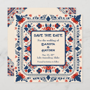 Save the Date, folk art floral, red white and blue Invitation