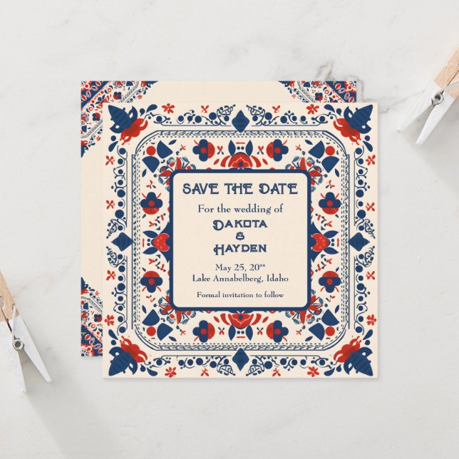 Save the Date, folk art floral, red white and blue Invitation (Front/Back In Situ)