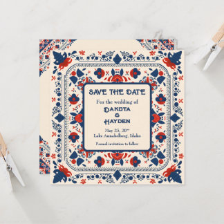 Save the Date, folk art floral, red white and blue Invitation