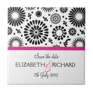 Save the Date Folk Black White Flower Boho Wedding Ceramic Tile