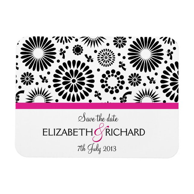 Save the Date Folk Black White Flower Boho Wedding Magnet (Horizontal)
