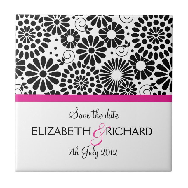 Save the Date Folk Black White Flower Boho Wedding Tile (Front)