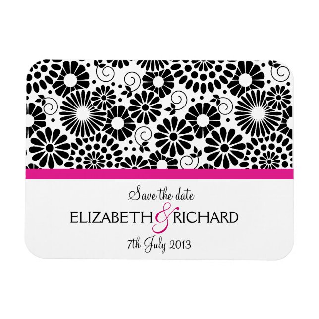 Save the Date Folk Black White Flowers Boho Magnet (Horizontal)