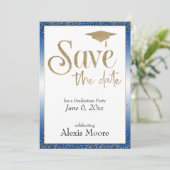 Save the Date for a Graduation Party Gold on Blue Invitation (Standing Front)