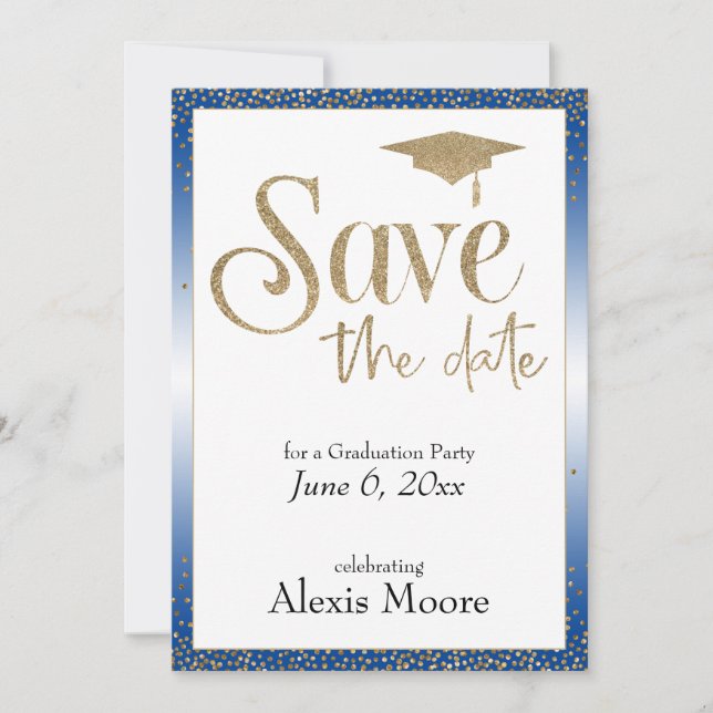 Save the Date for a Graduation Party Gold on Blue Invitation (Front)
