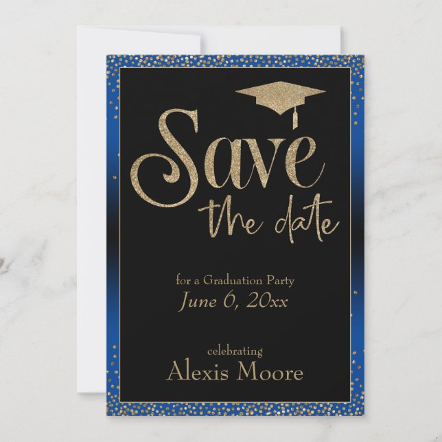 Save the Date for a Graduation Party Gold on Blue Invitation (Front)
