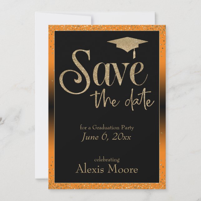 Save the Date for a Graduation Party Gold & Orange Invitation (Front)
