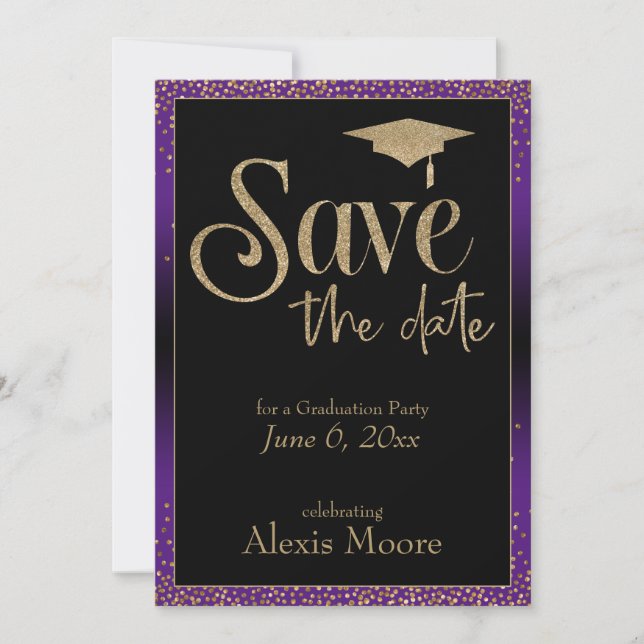 Save the Date for a Graduation Party Gold & Purple Invitation (Front)