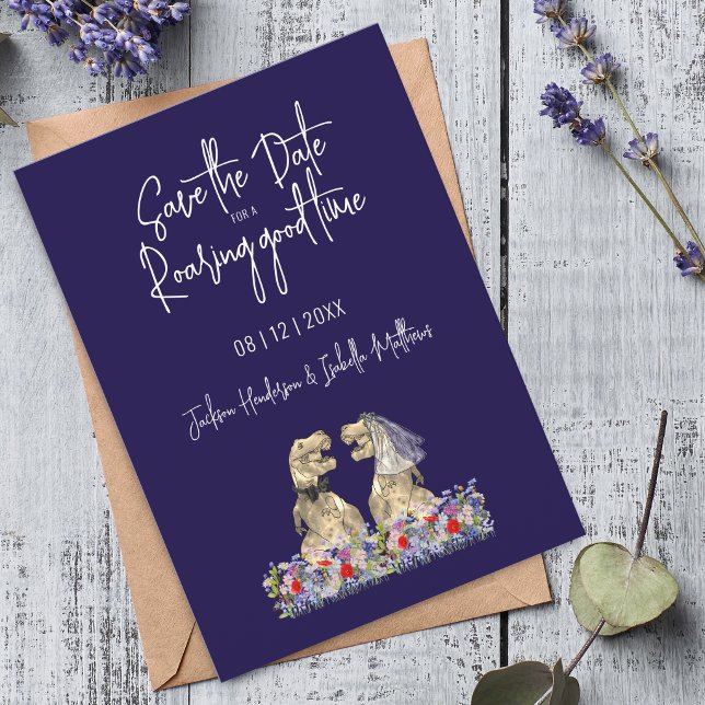 Save the Date for a Roaring Good Dinosaur Wedding (Save the date for a roaring good time dinosaur wedding navy blue wildflower floral invitation)