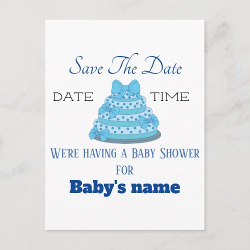 Save the date for baby boy shower postcard