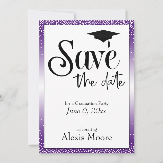 Save the Date for Graduation Party Black on Purple Invitation (Front)