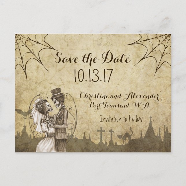 Save the Date for Halloween Wedding with Skeletons Announcement Postcard (Front)