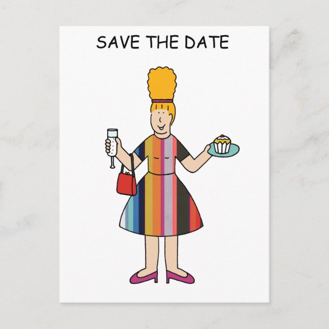 Save the Date for Tea Party Cartoon Lady Announcement Postcard (Front)