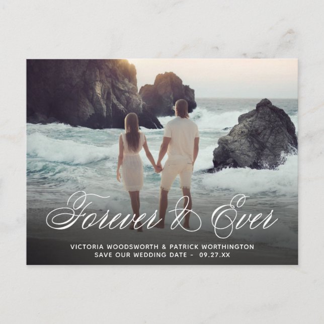 Save the Date Forever & Ever Wedding Photo Script Announcement Postcard (Front)