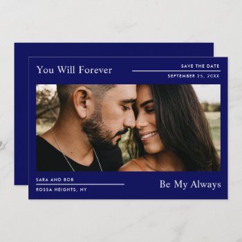 Save The Date Forever Navy Blue Photo Card by girlygirlgraphics at Zazzle