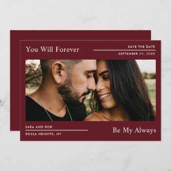 Save The Date Forever Photo Burgundy Red Card by girlygirlgraphics at Zazzle