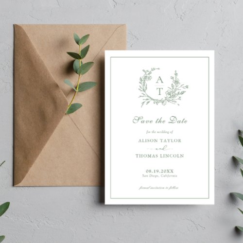 Save The Date Formal Crest Sage Green Card