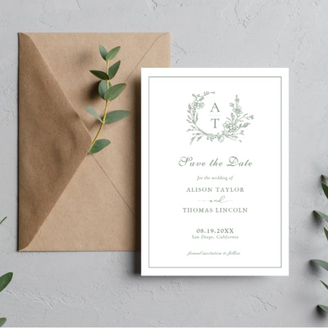 Save The Date Formal Crest Sage Green Card (Creator Uploaded)