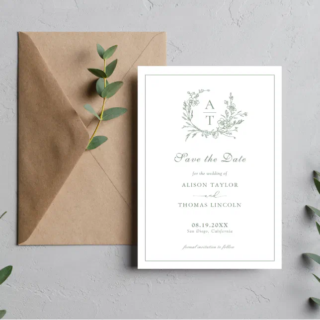 Save the date formal crest sage green card zazzle